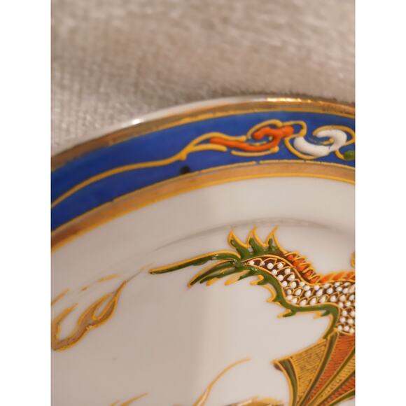 Japanese Moriage Hand Painted Dragonware 7.5" Plate Blue Band 3D Dragon & Flame - Picture 15 of 16
